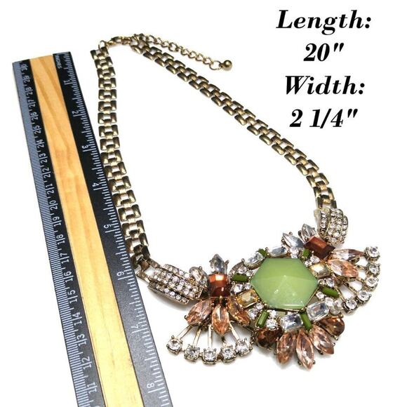 Spring Green Pink Peach Rhinestone Statement Necklace, Gold Tone Chain, 20 Inch - Picture 7 of 7